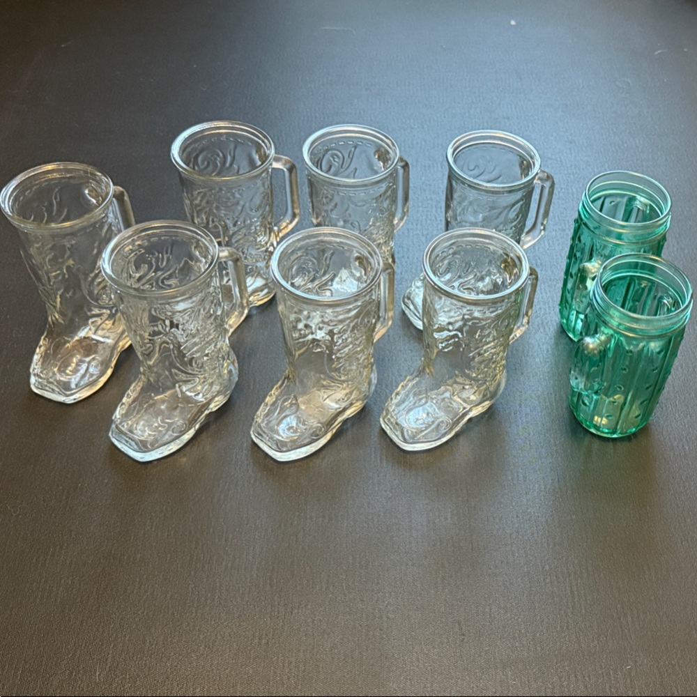 7 Clear Glass Cowboy Boot Mugs and 2 Cactus Drinking Jars
